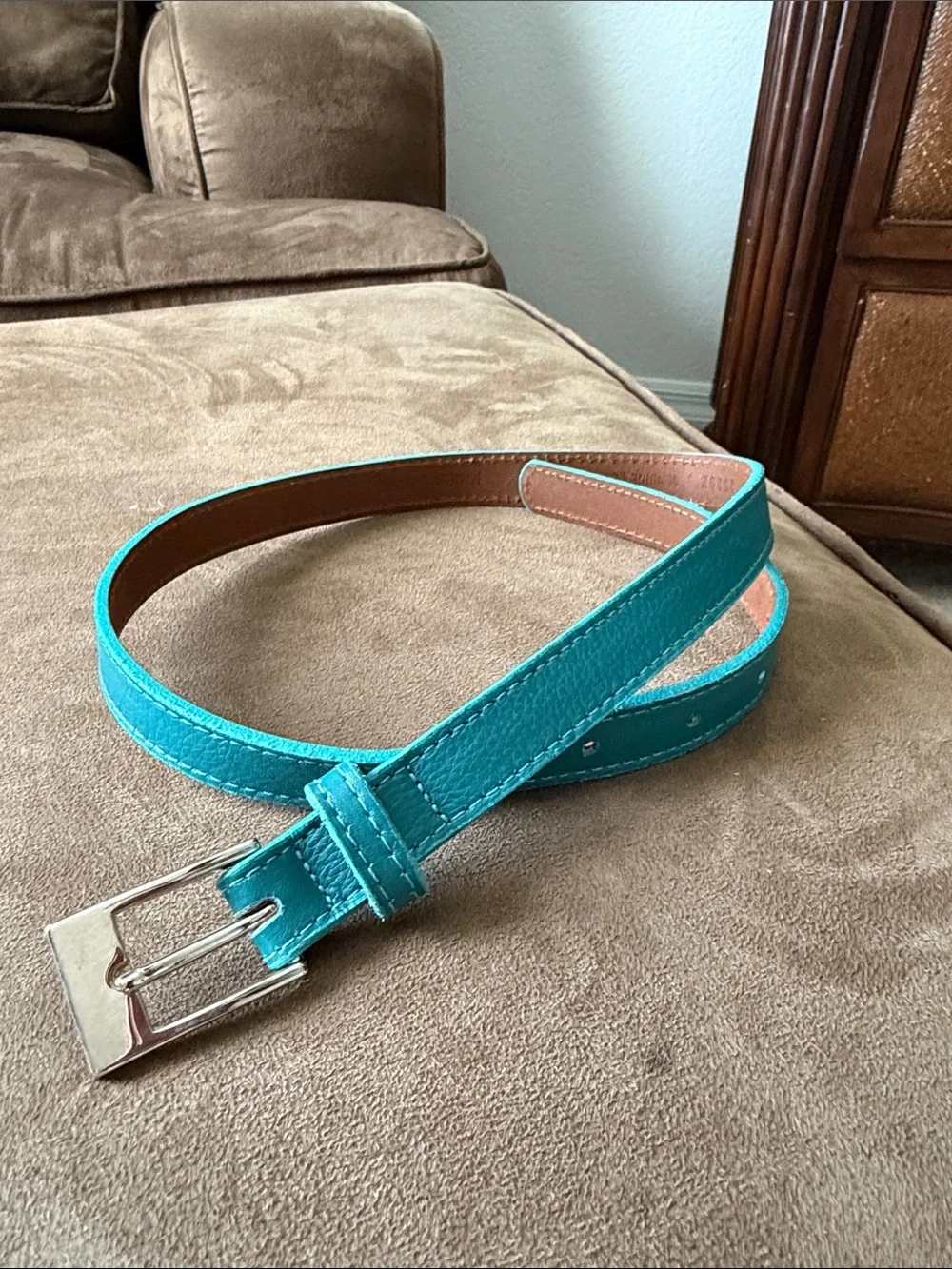 Garnet Hill Turquoise Leather Belt with Silver Buckle
